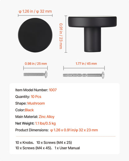Skåpsknoppar, 10-pack, 32 mm låd- och dörrhandtag i svart zinklegering, svampformade köksknoppar, byråhandtag, skåpbeslag med skruvar för badrumsskåp, skåp och lådor