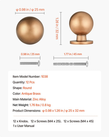 Skåpsknoppar, 12-pack, 25 mm lådhandtag i zinklegering, runda kökshandtag, massiva knoppar, skåpbeslag med skruvar för badrumsskåp, lådor, antikmässingsfärg