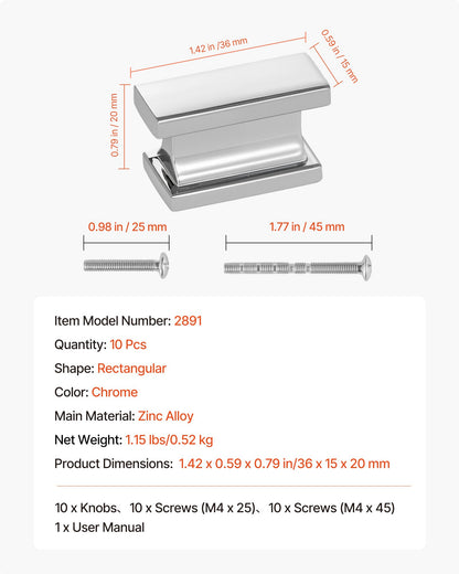Skåpknoppar, 10-pack, 36 mm lådhandtag i zinklegering, rektangulära solida knoppar för köksbyrå, skåpbeslag med skruvar för badrumsskåp, lådor, kromfärg