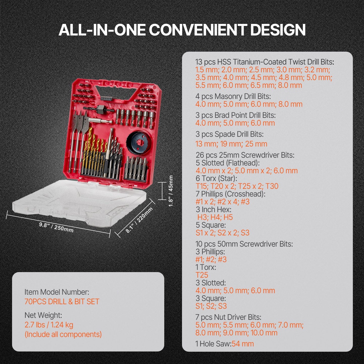 Borrsats, 70 delar borr- och skruvmejselsats, skruvmejselsats lämplig för trä, metall, cement, borrning och skruvdragning, borrsats kombinationskit blandade i organiserad bärväska