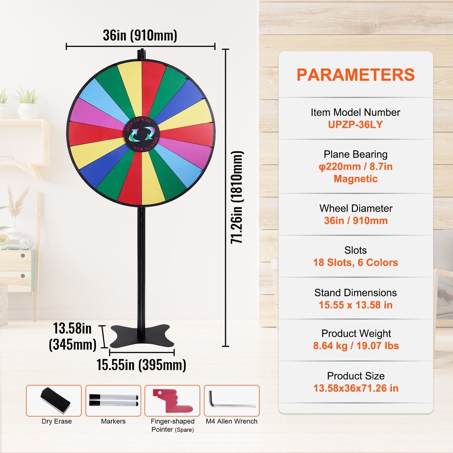 36-tums snurrande prishjul, 18 slots spinnhjul, roulettehjul med whiteboard och 2 markörer, bords- eller golvstående vinst- och förmögenhetsspel på partypub, mässa, karneval