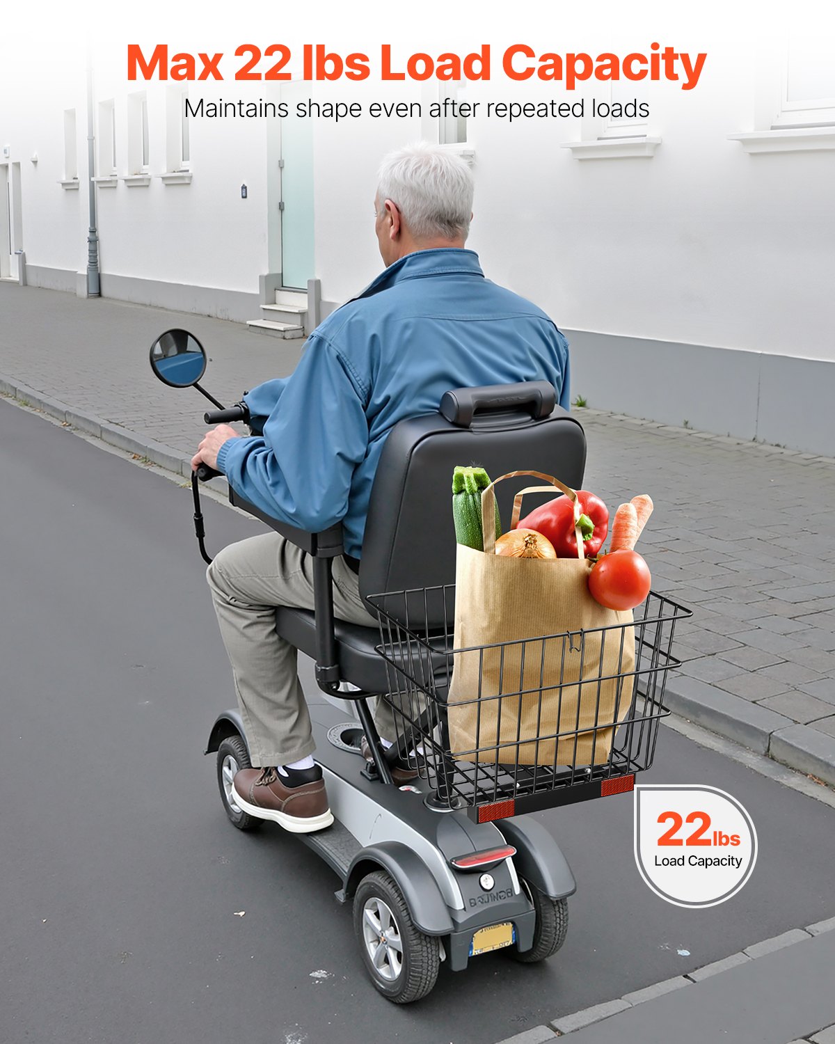 Bakkorg för sparkcykel, kraftig metallkorg med handtag, rymlig lastkorg, fungerar med 2,5 cm mottagare, kompatibel med de flesta Golden-, Drive- och Pride-mobilitetsskotrar