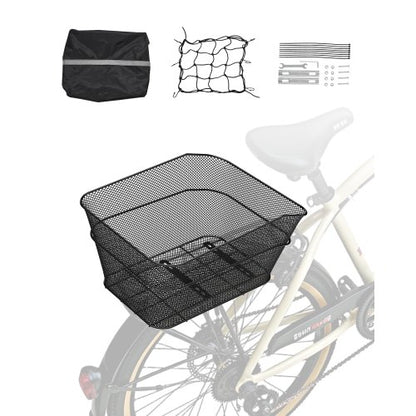 Cykelkorg bak, Cykelkorg i trådnät med lastnät och vattentätt överdrag, Slitstark cykelkorg i metall, Passar de flesta cykelhållare, Monteringsverktyg ingår