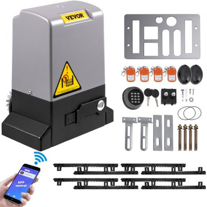 Skjutgrindsöppnare, 1800 KG 4 m, Automatisk skjutgrind med 4 fjärrkontroller och app-kontroll, Elektrisk rullande uppfartsskjutgrindsmotor, Komplett grindmotor med säkerhetssystem