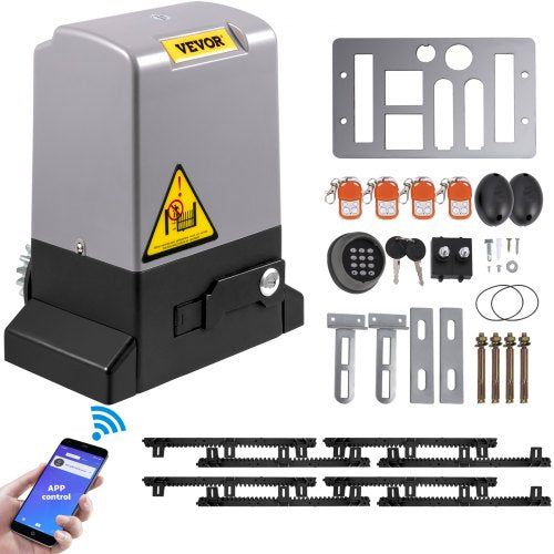 Skjutgrindsöppnare, 1800 KG 4 m, Automatisk skjutgrind med 4 fjärrkontroller och app-kontroll, Elektrisk rullande uppfartsskjutgrindsmotor, Komplett grindmotor med säkerhetssystem