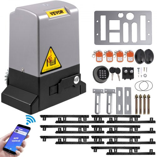 Skjutgrindsöppnare, 1800 KG 7 m, Automatisk skjutgrind med 4 fjärrkontroller och app-kontroll, Elektrisk rullande uppfartsskjutgrindsmotor, Komplett grindmotor med säkerhetssystem