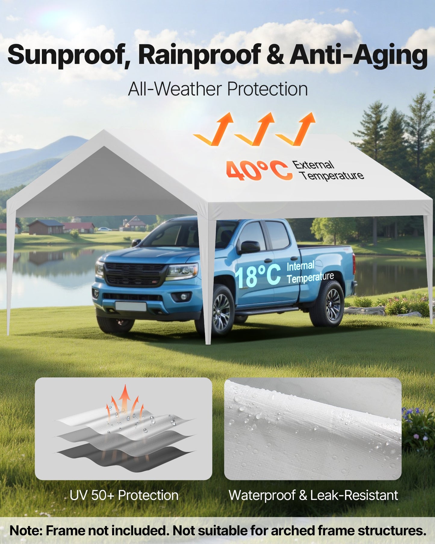 Carportöverdrag, 3,6 x 6 m dricksskyddad presenning för garage, UV-resistent och vattentät bilskyddspresenning, kraftigt bilportsöverdrag med bollvagnar, vit, ram ingår ej