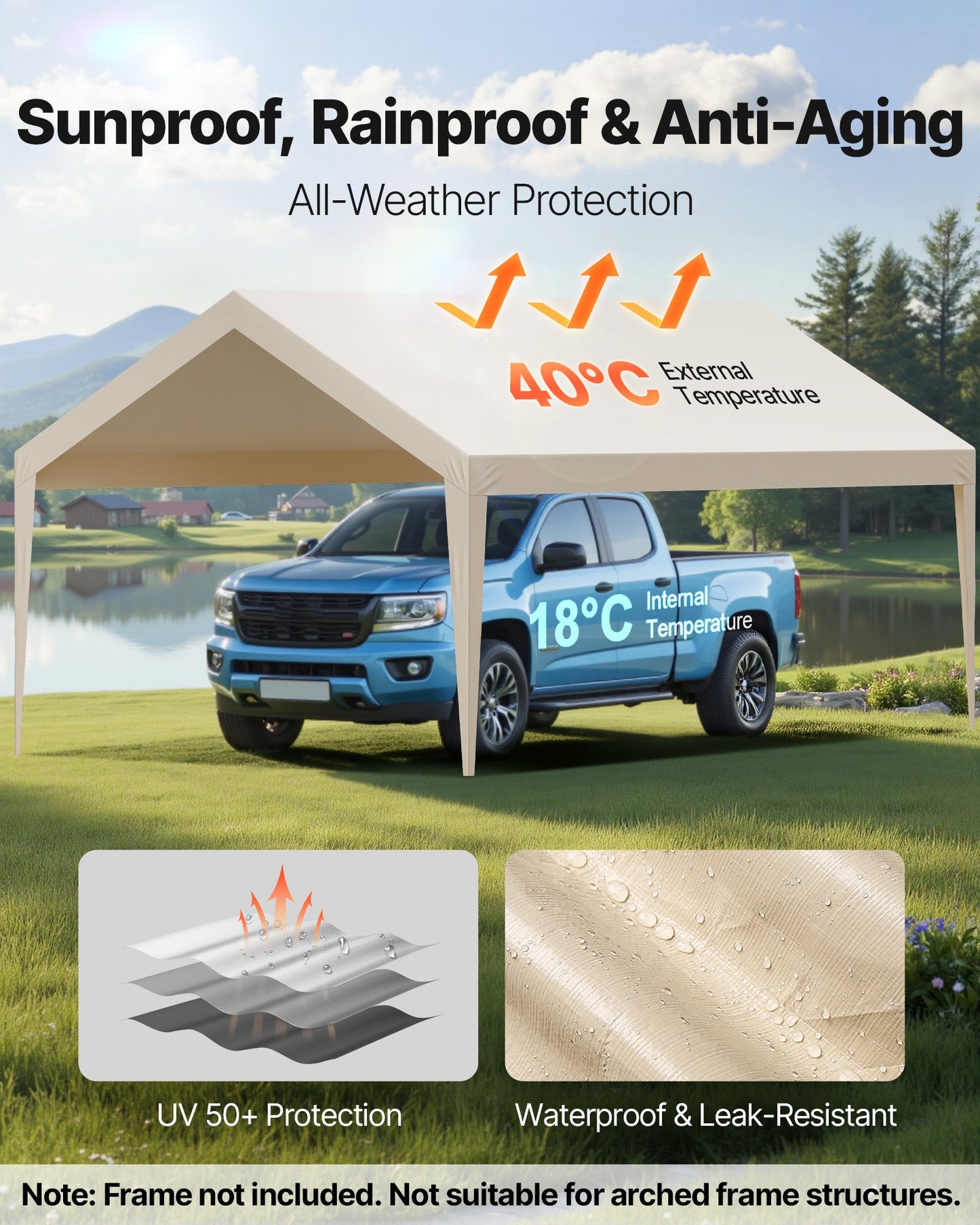 Carportöverdrag, 3,6 x 6 m dricksskyddad presenning för garage, UV-resistent och vattentät bilskyddspresenning, kraftigt bilportsöverdrag med bollvagnar, beige, ram ingår ej