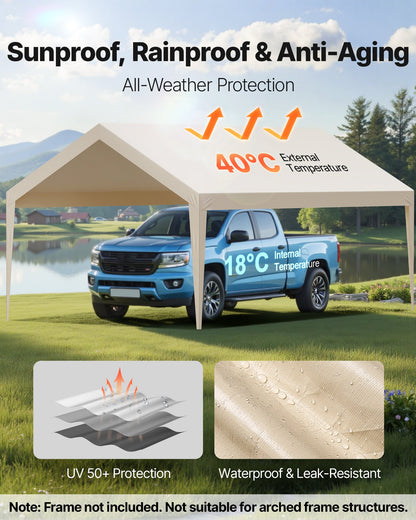 Carportöverdrag, 3,6 x 6 m dricksskyddad presenning för garage, UV-resistent och vattentät bilskyddspresenning, kraftigt bilportsöverdrag med bollvagnar, beige, ram ingår ej