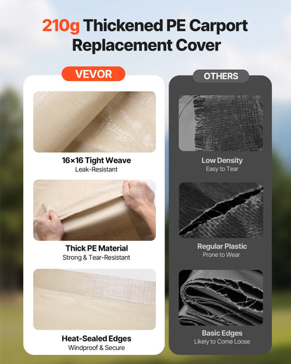 Carportöverdrag, 3,6 x 6 m dricksskyddad presenning för garage, UV-resistent och vattentät bilskyddspresenning, kraftigt bilportsöverdrag med bollvagnar, beige, ram ingår ej