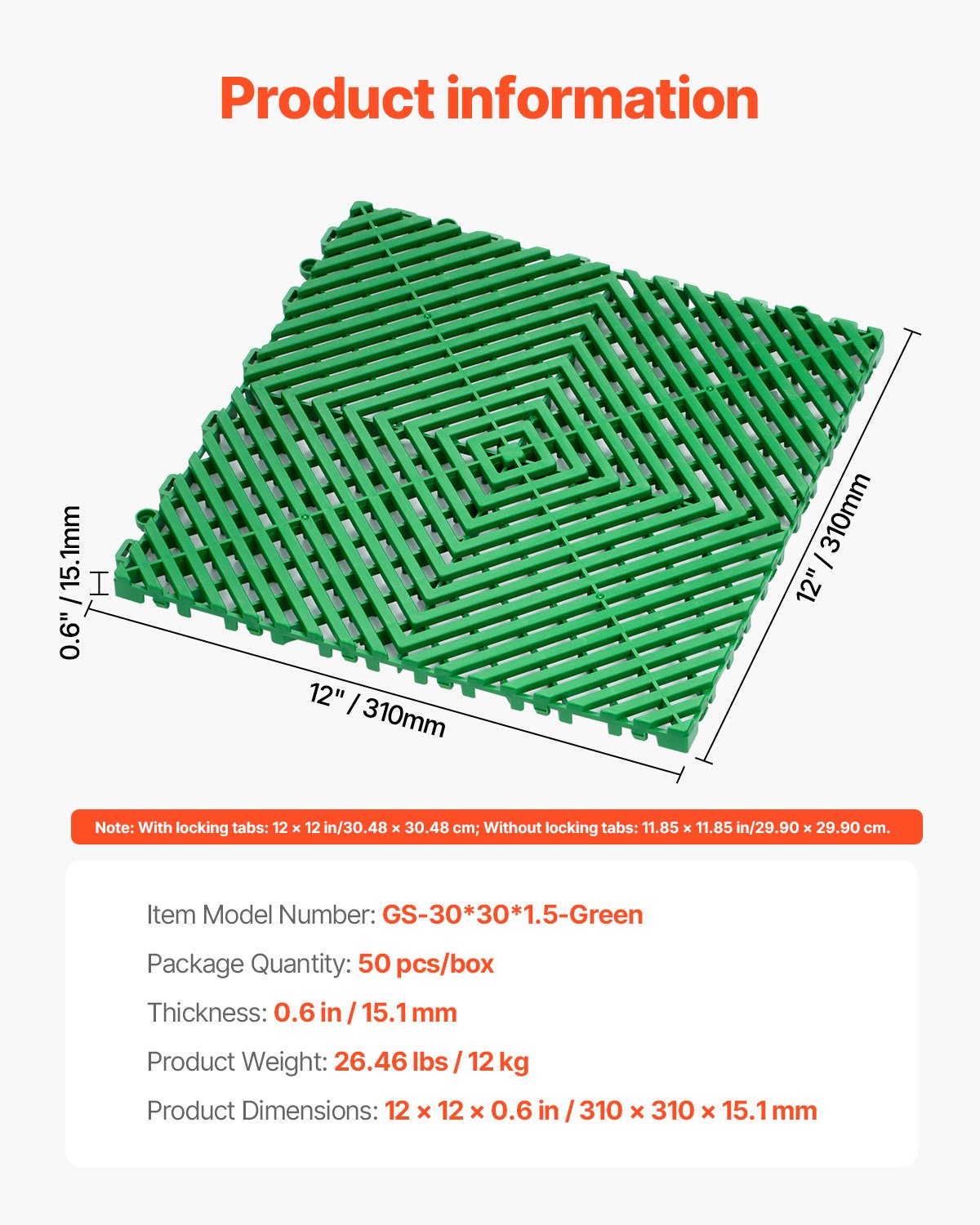 Sammankopplande dräneringsmatta, 50 st. modulär sammankopplande dynor, 12” x 12” skarvande dräneringsmattor, halkfria gröna PP-dräneringsgolvplattor och duschmatta, för garage, trädgård, kök och utomhusbruk