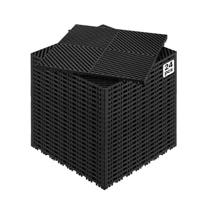 Sammankopplande dräneringsmatta, 15,7” x 15,7” modulär sammankopplande kudde, 24 st. skarvmattor för dränering, halkfria svarta PP-dräneringsgolvplattor och duschmatta, för garage, trädgård, kök och utomhusbruk