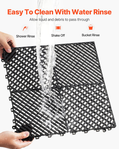 Sammankopplande dräneringsmatta, 15,7” x 15,7” modulär sammankopplande kudde, 24 st. skarvmattor för dränering, halkfria svarta PP-dräneringsgolvplattor och duschmatta, för garage, trädgård, kök och utomhusbruk