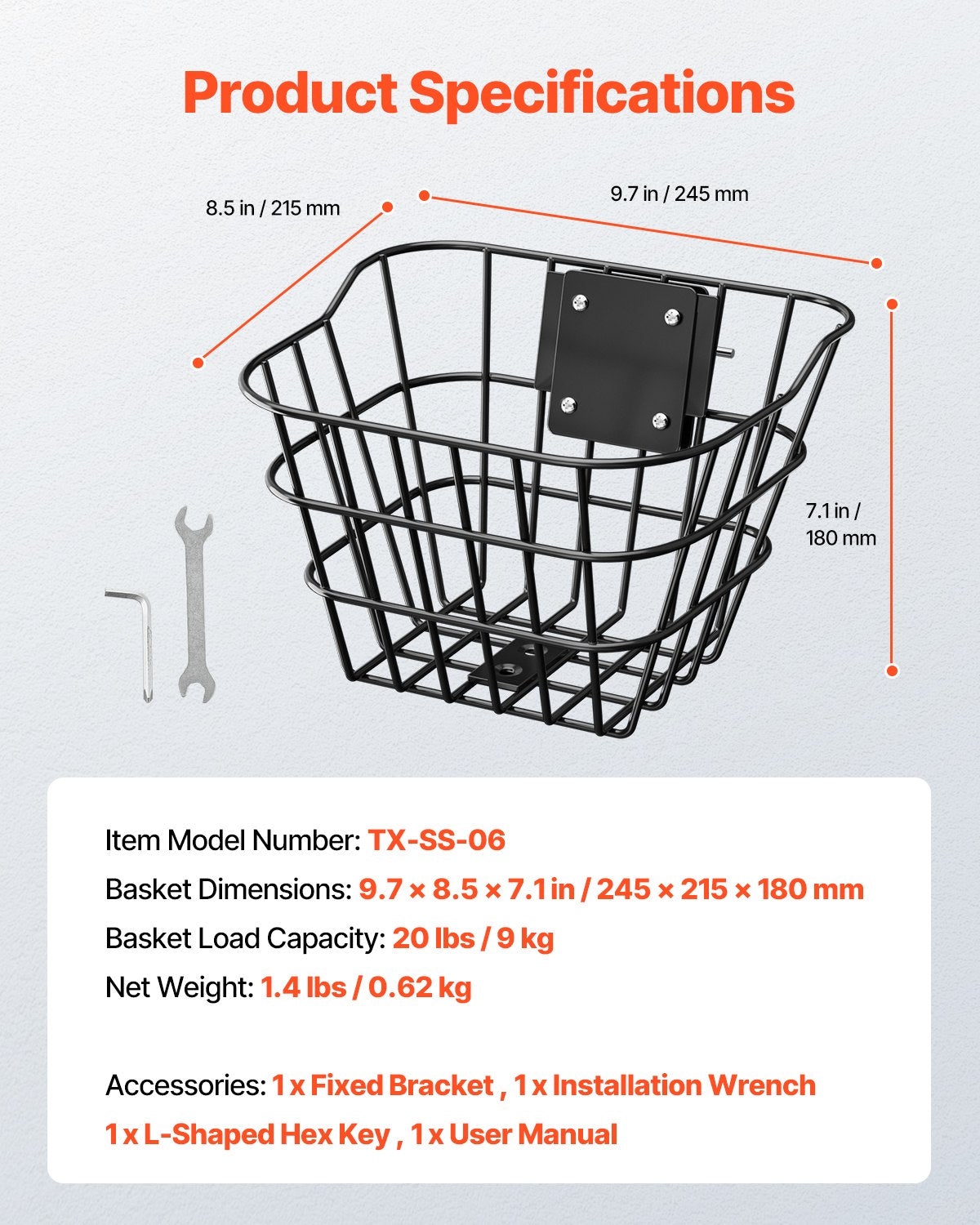 Cykelkorg fram, Elscooterkorg med fast fäste - Max bärförmåga 9 kg, Tillverkad av massivt stål, Cykelkorg för barn/cykelkorg för vuxna/tillbehör till elscooter för knä