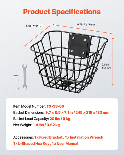 Cykelkorg fram, Elscooterkorg med fast fäste - Max bärförmåga 9 kg, Tillverkad av massivt stål, Cykelkorg för barn/cykelkorg för vuxna/tillbehör till elscooter för knä