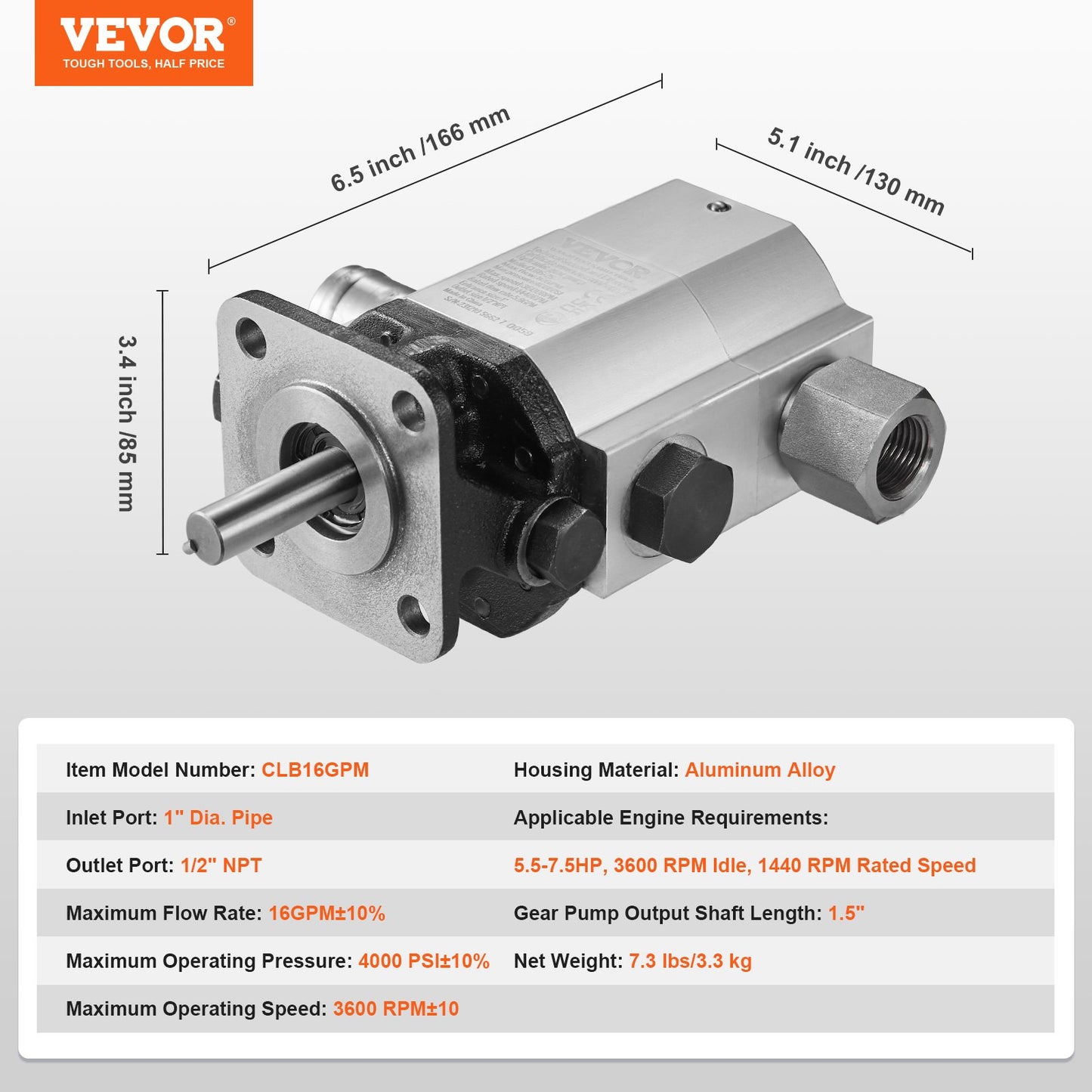 Hydraulisk vedklyvspump, 60,6 l/min, 2-stegs 27,6 MPa vedklyvspump, 2,54 cm inlopp 1,27 cm NPT-utlopp 3600 varv/min Hydraulisk kugghjulspump i aluminium, för liten motormontering av vedklyvar snöplog