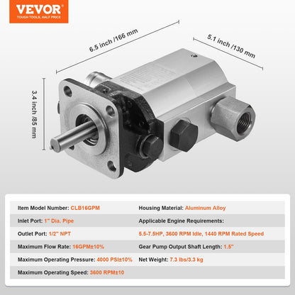 Hydraulisk vedklyvspump, 60,6 l/min, 2-stegs 27,6 MPa vedklyvspump, 2,54 cm inlopp 1,27 cm NPT-utlopp 3600 varv/min Hydraulisk kugghjulspump i aluminium, för liten motormontering av vedklyvar snöplog