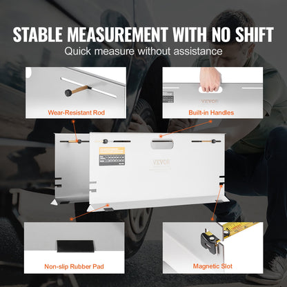 Hjulinställningsverktyg, 2-pack tåplattor för justeringsverktyg, verktygsplatta i rostfritt stål för tåvinkelmätning, 4 justeringsstavar och magnetiska spår, inkluderar måttband och konverteringstabell