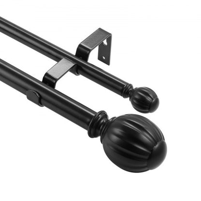 Gardinstänger med dubbla stänger, 91,4-182,9 cm justerbar längd, svarta dubbla gardinstänger med runda ändknoppar, 2,5 cm och 1,9 cm diameter, dubbel fönsterstång för skira och mörkläggningsgardiner