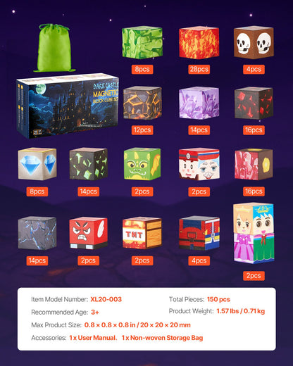 Magnetiska klossar, 150 delar mörka slott, magnetiska byggkuber för barn, STEM Montessori sensoriska leksaker till julklapp, konstruktionsleksak för pojkar och flickor från 3 år