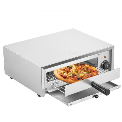 Elektrisk pizzaugn för bänkskiva, 30 cm, 1500 W, temperaturområde 0–300 °C, konstruktion i rostfritt stål och lättrengjord smulform, lämplig för både kommersiellt och hemmabruk