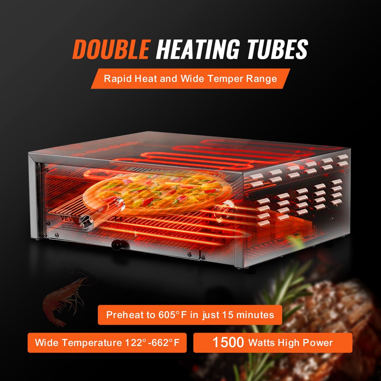 Elektrisk pizzaugn för bänkskiva, 30 cm, 1500 W, temperaturområde 0–300 °C, konstruktion i rostfritt stål och lättrengjord smulform, lämplig för både kommersiellt och hemmabruk