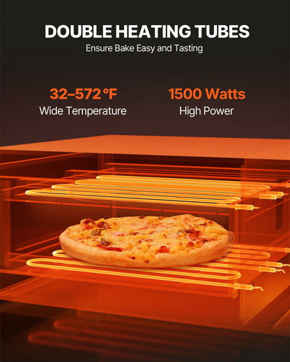 Elektrisk pizzaugn för bänkskivor, 30 cm, 1500 W, med temperaturkontroll och 0–60 minuters timer, jämn bakteknik och lättrengjord smulform, perfekt för både kommersiella och hemmakök