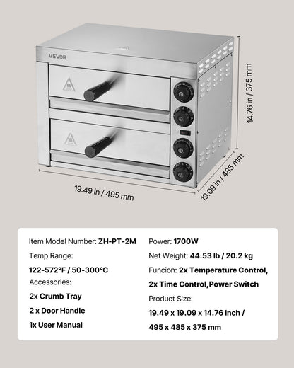 Elektrisk pizzaugn för bänkskivor, 30 cm, 1700 W, med temperaturkontroll och 0–60 minuters timer, jämn bakteknik och lättrengörlig smulform, perfekt för både kommersiella och hemmakök