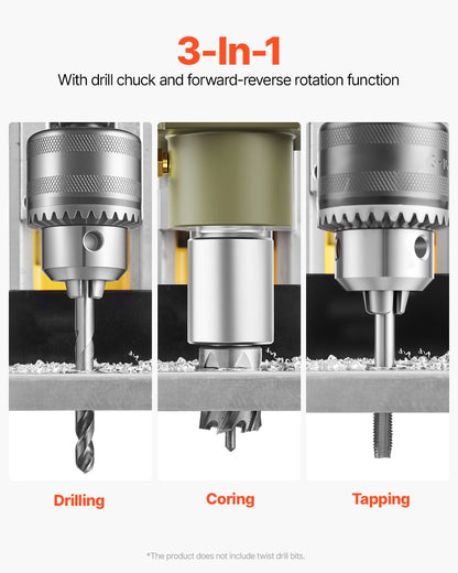Magnetborr, 1200W motor 1,6 tum borrdiameter, 2810 lbf elektrisk magnetborrpress, med 2 kärnborrar, variabel hastighet, borrmaskin för metallytor, heminredningsindustrin, gul