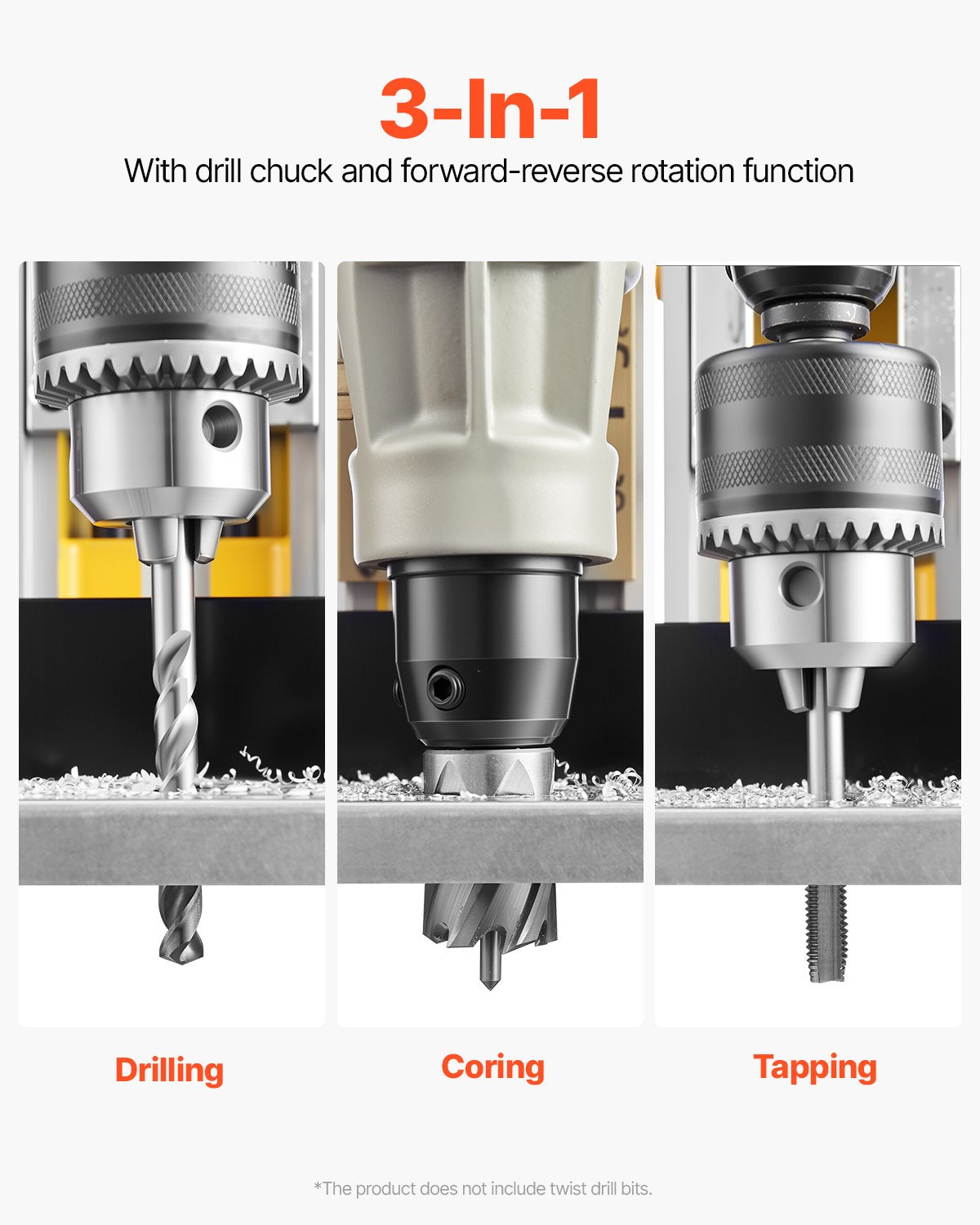 Magnetborrmaskin, 1400W motor, 2 tum borrdiameter, 2878 lbf elektrisk magnetborrpress, med 6 kärnborrar, variabel hastighet, borrmaskin för metallytor, heminredningsindustrin, gul