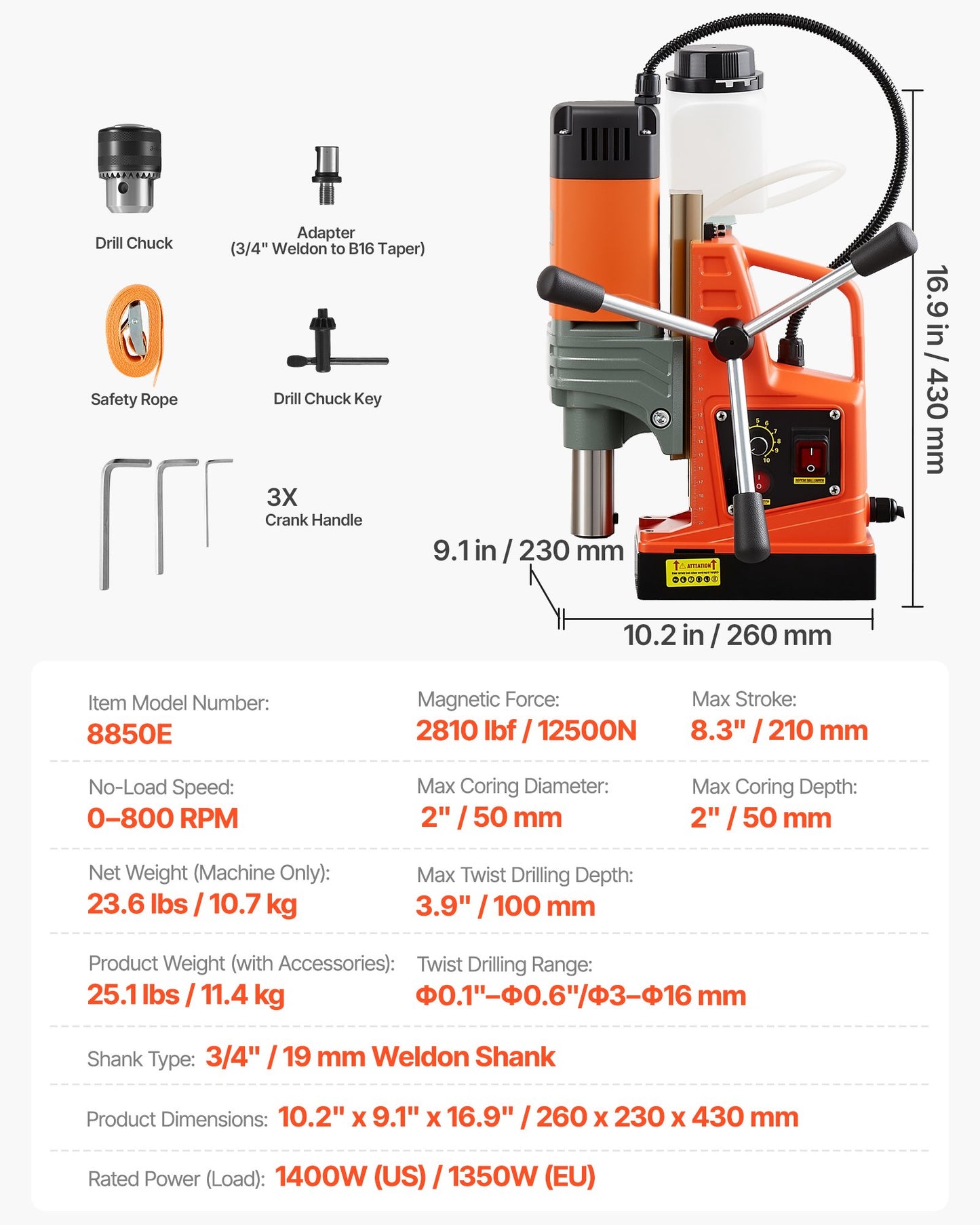 Magnetisk borrpress, 1350 W, 50 mm borrdiameter, 12500N bärbar magnetborrpress, 0–800 varv/min justerbar hastighet, med Weldon-skaft, för metallytor, industri och heminredning