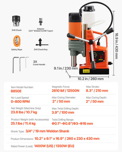 Magnetisk borrpress, 1350 W, 50 mm borrdiameter, 12500N bärbar magnetborrpress, 0–800 varv/min justerbar hastighet, med Weldon-skaft, för metallytor, industri och heminredning