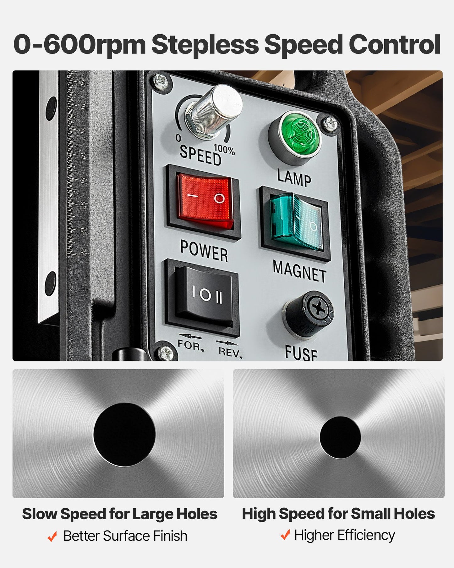 Magnetisk borrpress, 1500 W, 60 mm borrdiameter, 13000N kraftmagnetborrpress, 0-600 varv/min justerbar hastighet, morsekona, M3-M16 gängning, för metallytor, industri och heminredning