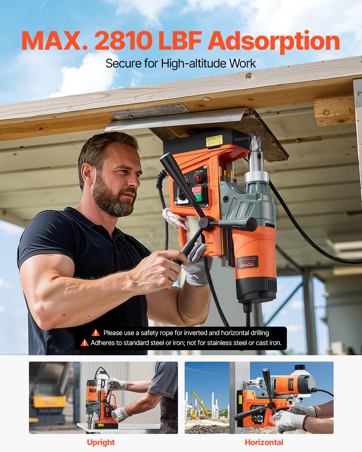 Magnetborrmaskin, 1450W motor, 1,6 tum borrdiameter, 2810 lbf bärbar elektrisk magnetborrpress, med 2 kärnborrar, variabel hastighet, borrmaskin för metallytor, heminredningsindustrin