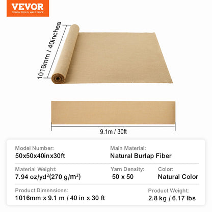 Rulle av säckväv, 40” x 30 ft och 50 x 50 högdensitets breda naturliga säckvävrullar, jutetyg, rulle av säckväv för träd, för dekoration, hantverk, bröllop, trädgårdsskötsel, växt- och trädvintertäckning