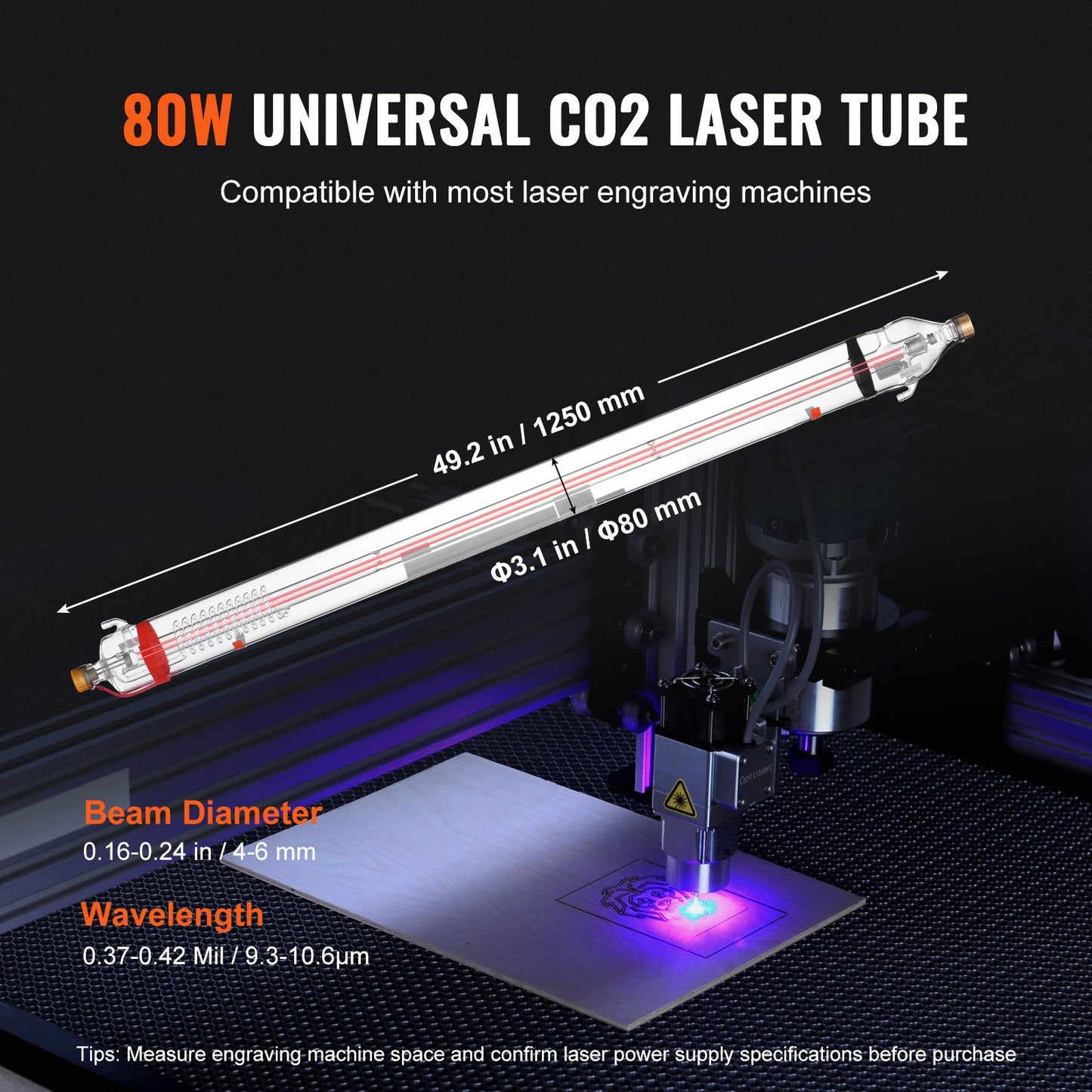 90W CO2-laserrör, 49,2 tum (1250 mm) längd, 3,1 tum (80 mm) diameter, laserskärrör i borsilikatglas med metallhuvud, 10 000 timmars kablar förkopplade för lasergravyr- och skärmaskin
