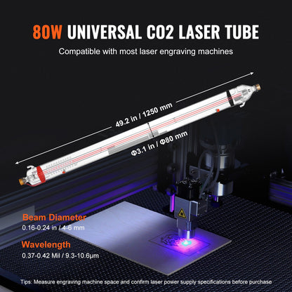 90W CO2-laserrör, 49,2 tum (1250 mm) längd, 3,1 tum (80 mm) diameter, laserskärrör i borsilikatglas med metallhuvud, 10 000 timmars kablar förkopplade för lasergravyr- och skärmaskin