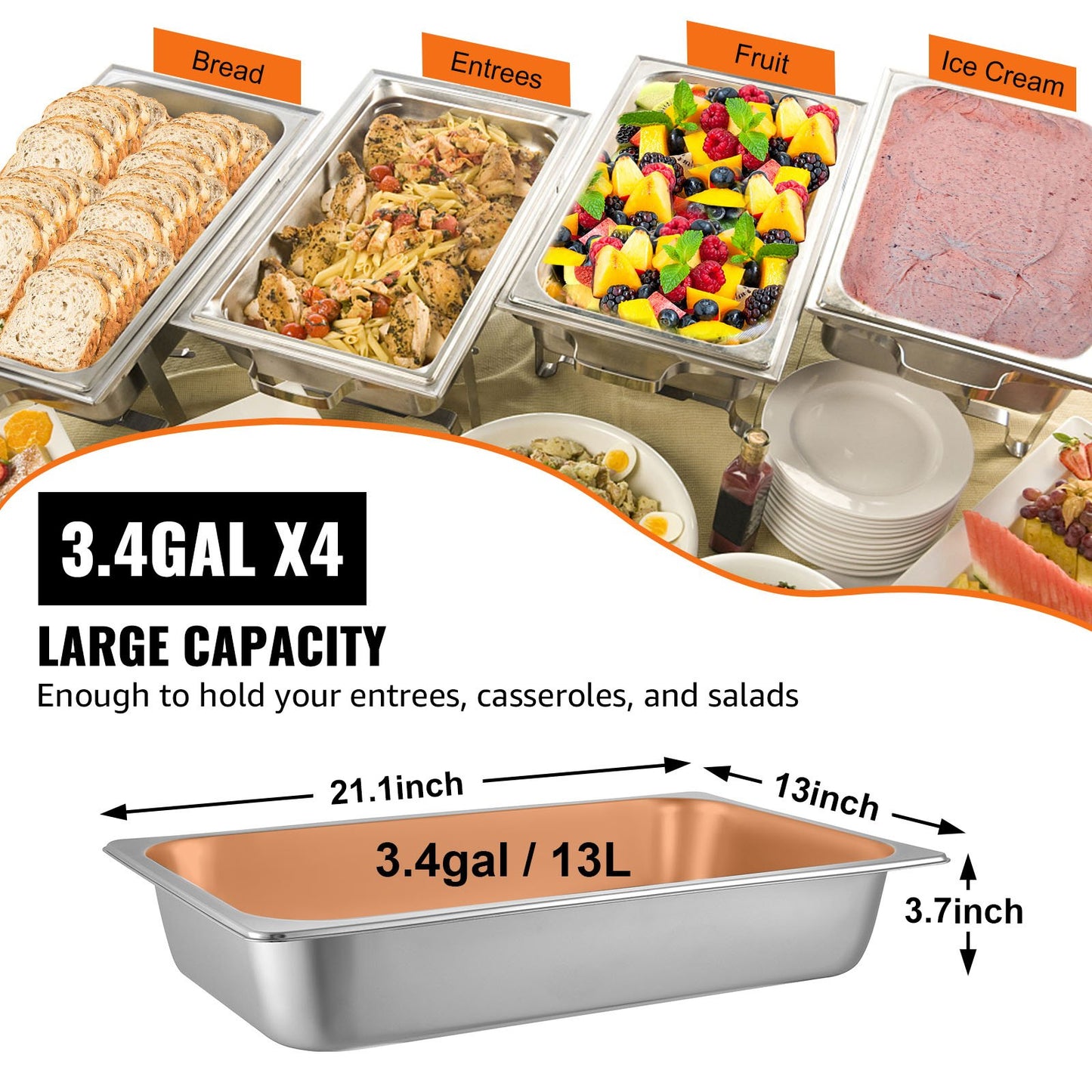 4-pack ångbordsformar 20,9 x 12,8 x 3,9 tum djupa ångbordsformar i full storlek 13 liter djupa matbehållare ugnsplåt i rostfritt stål hotellformar anti-jam ångbordsform för mat