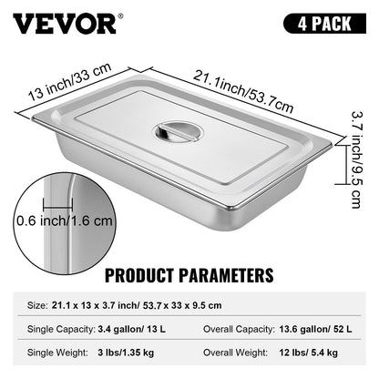 4-pack ångbordsformar 20,9 x 12,8 x 3,9 tum djupa ångbordsformar i full storlek 13 liter djupa matbehållare ugnsplåt i rostfritt stål hotellformar anti-jam ångbordsform för mat