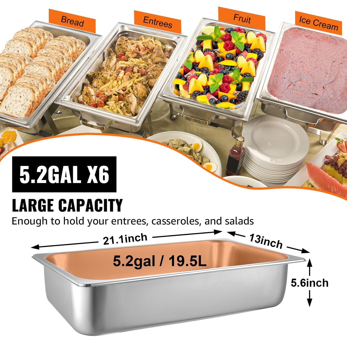 6-pack ångformar, 20,9 x 12,8 x 5,9 tum djupa ångformar, full storlek 20,5 l djupa matbehållare, ugnsplåt i rostfritt stål, hotellformar, ångform med stoppfunktion för mat