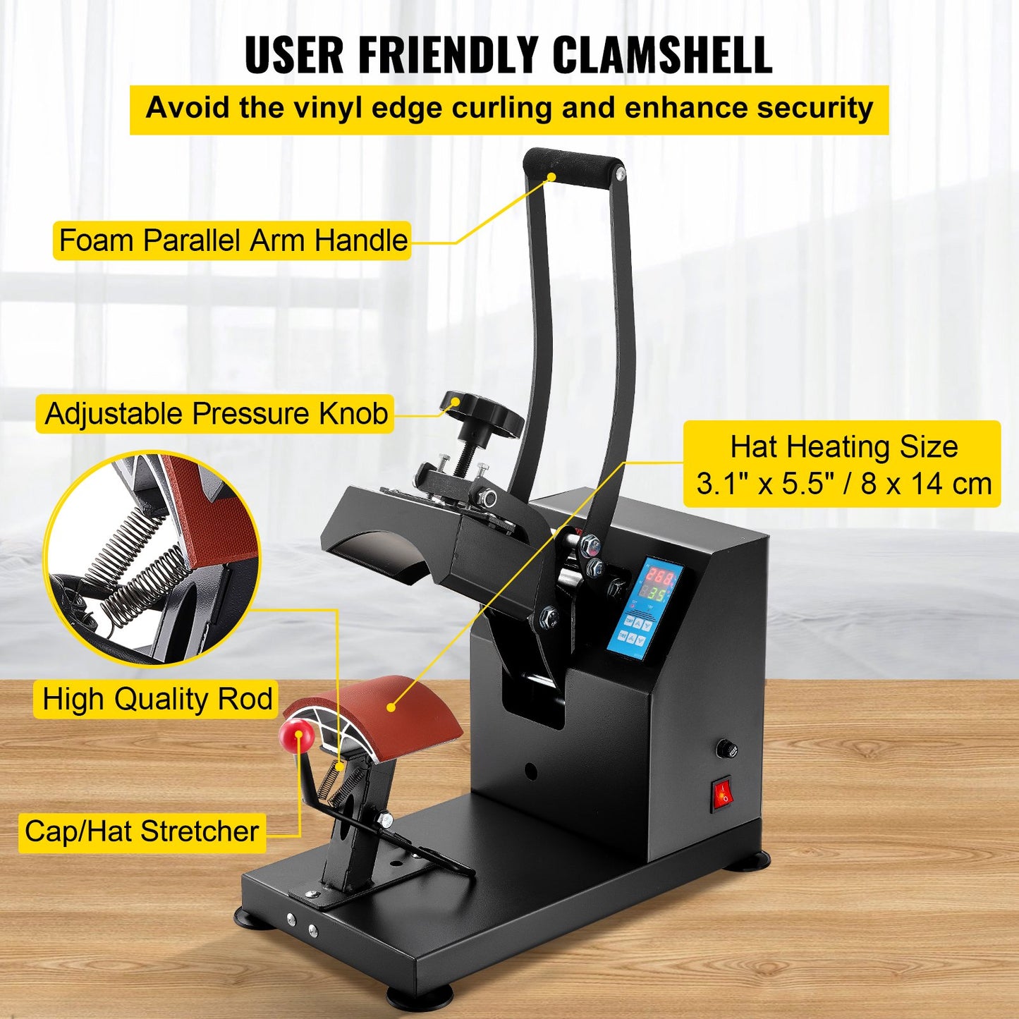 Hattvärmepress 5,5 x 3,5 tums värmepressmaskin 600W professionell hattvärmepressmaskin för hattar, mössor, transferpress med 12 000 timmars livslängd, digital LCD-timer och temperaturkontroll