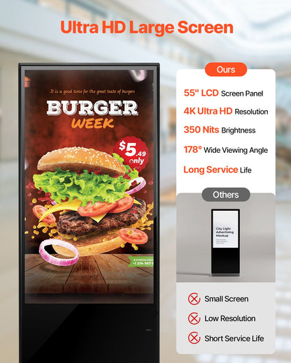 55-tums digital skyltdisplay, digital pekskärm, golvstående kiosk för inomhusbruk, 4K UHD LCD-skärm, 2 GB RAM och 32 GB ROM, med WiFi HDMI/USB-ingång, kommersiell reklamdisplay