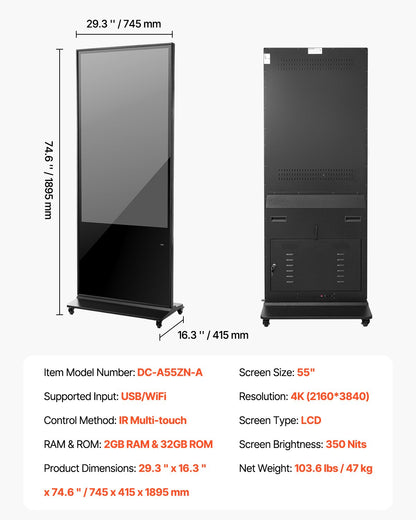 55-tums digital skyltdisplay, digital pekskärm, golvstående kiosk för inomhusbruk, 4K UHD LCD-skärm, 2 GB RAM och 32 GB ROM, med WiFi HDMI/USB-ingång, kommersiell reklamdisplay