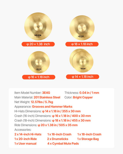 Cymbal Pack 4 Pieces Cymbals Drum Set 14 16 18 20 Inches (355/400/455/505 mm) Cymbals for Drum