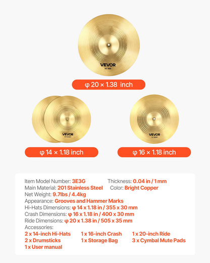 Cymbal Pack 3 Pieces Cymbals Drum Set 355/400/505 mm (14 16 20 Inches) Cymbals for Drum