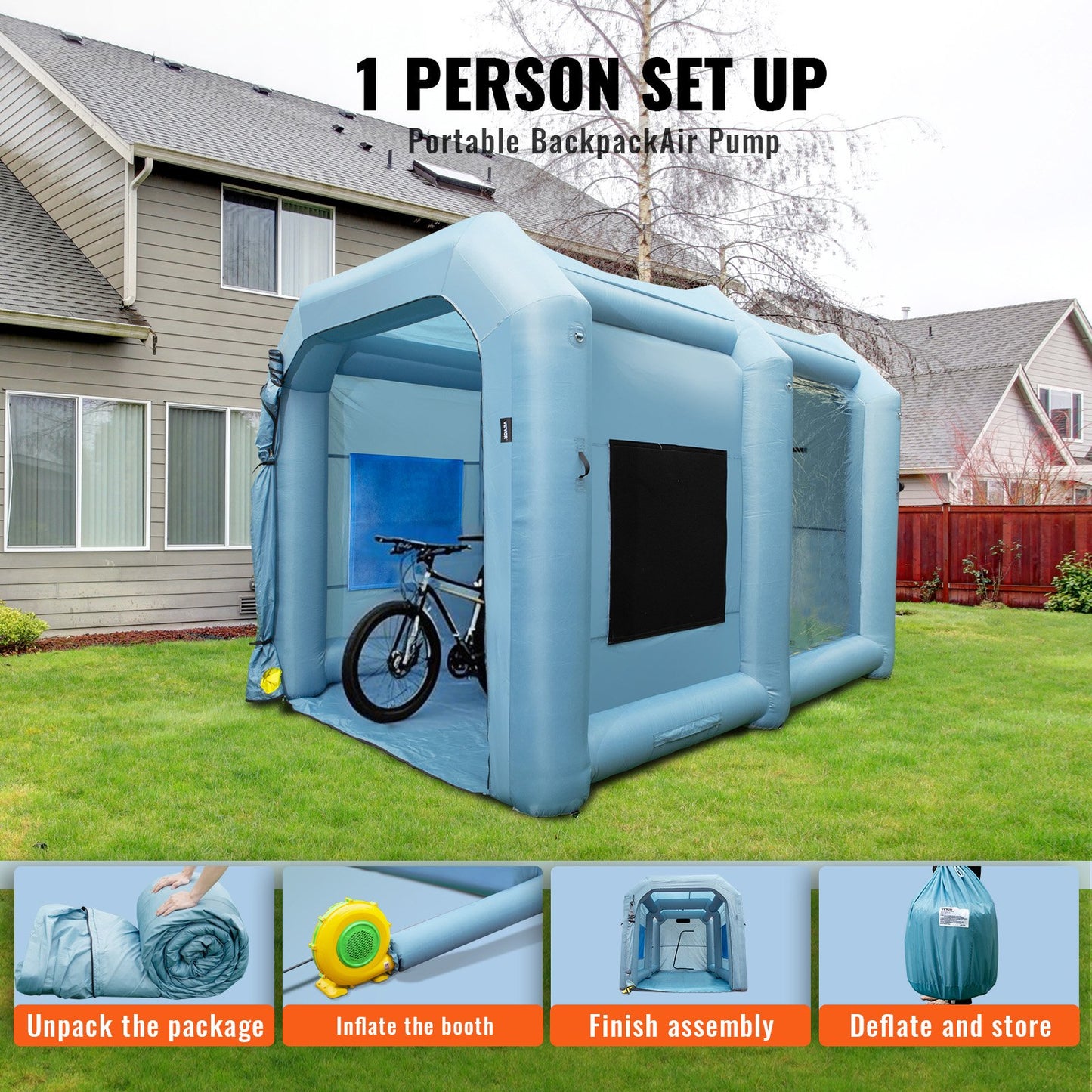 Uppblåsbar sprutbox, billackeringstält, 396 cm x 305 cm x 274 cm, filtersystem, fläkt, 950W
