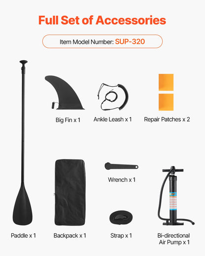Uppblåsbar ståuppspaddelbräda, 3,23 m x 84 cm x 15 cm bred ultralätt SUP-paddelbräda, alla tillbehör ingår, pump, paddel, fena, ryggsäck, fotledsrem, rem, halkfritt däck för ungdomar, vuxna