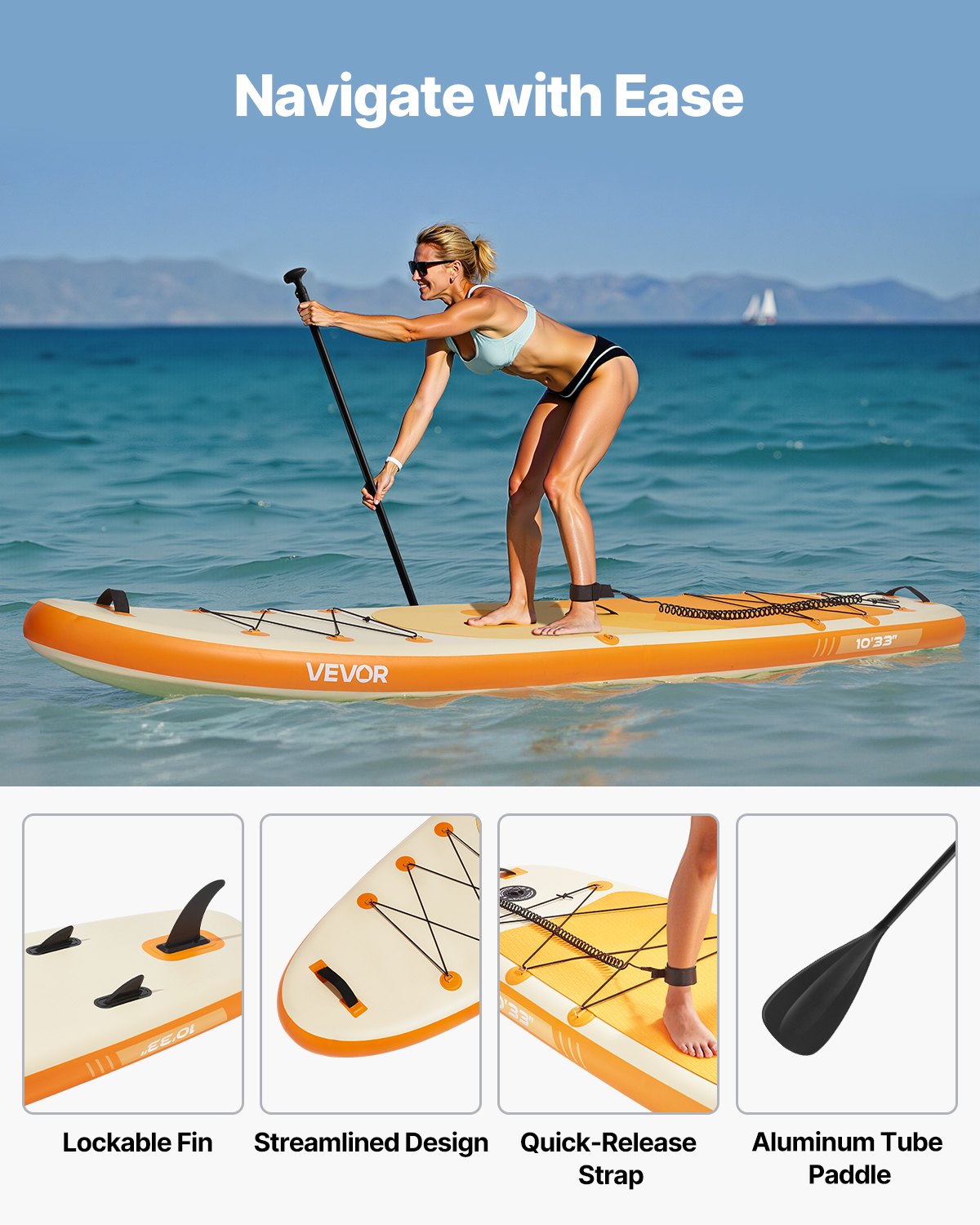 Uppblåsbar ståuppspaddelbräda, 3,05 m x 84 cm x 15 cm bred ultralätt SUP-paddelbräda, alla tillbehör ingår, pump, paddel, fena, ryggsäck, fotledsrem, rem, halkfritt däck för ungdomar, vuxna