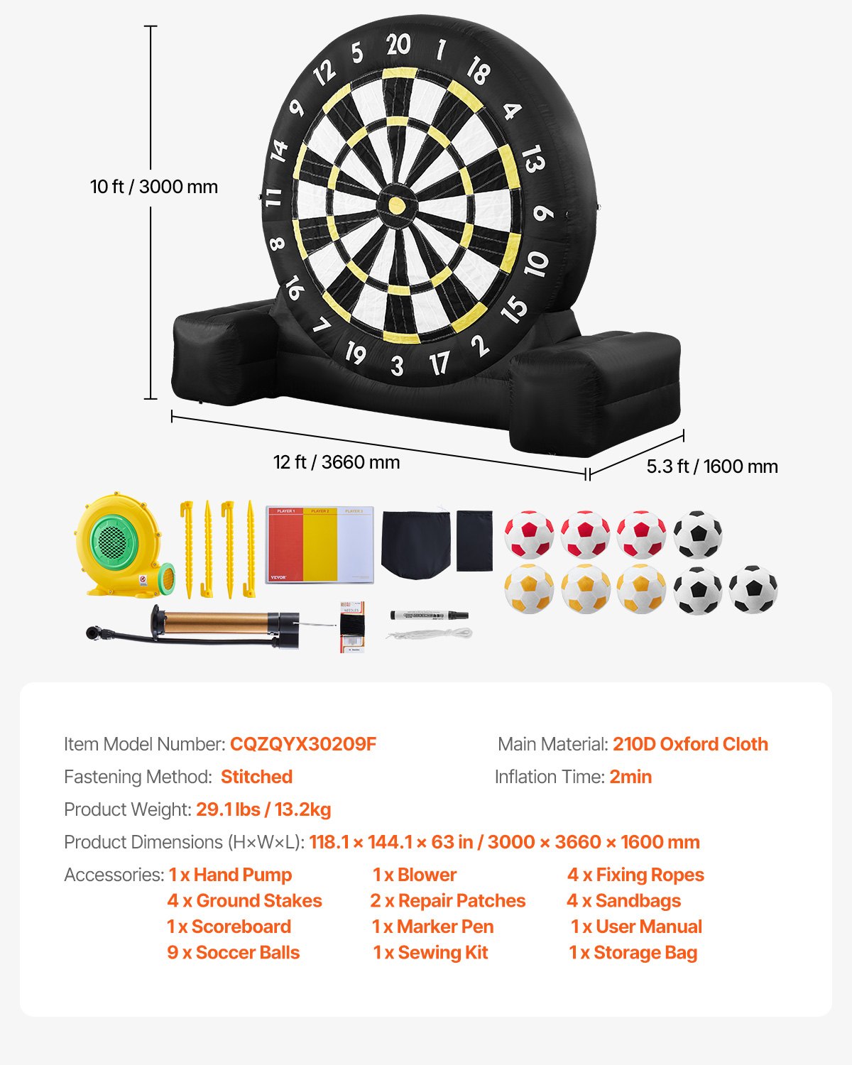 Inflatable Soccer Dart Board, over 10 ft High Giant Soccer Dart Board with 9 Kick Balls & Air Pump, 2-Minutes Setup & Storage Bag for Easy Carrying, for Giant Yard Games, Giant Kick Darts Game