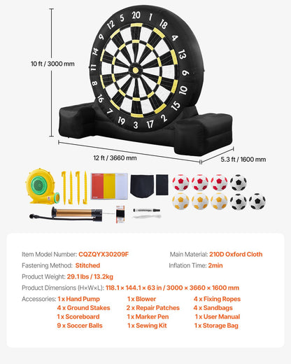 Inflatable Soccer Dart Board, over 10 ft High Giant Soccer Dart Board with 9 Kick Balls & Air Pump, 2-Minutes Setup & Storage Bag for Easy Carrying, for Giant Yard Games, Giant Kick Darts Game